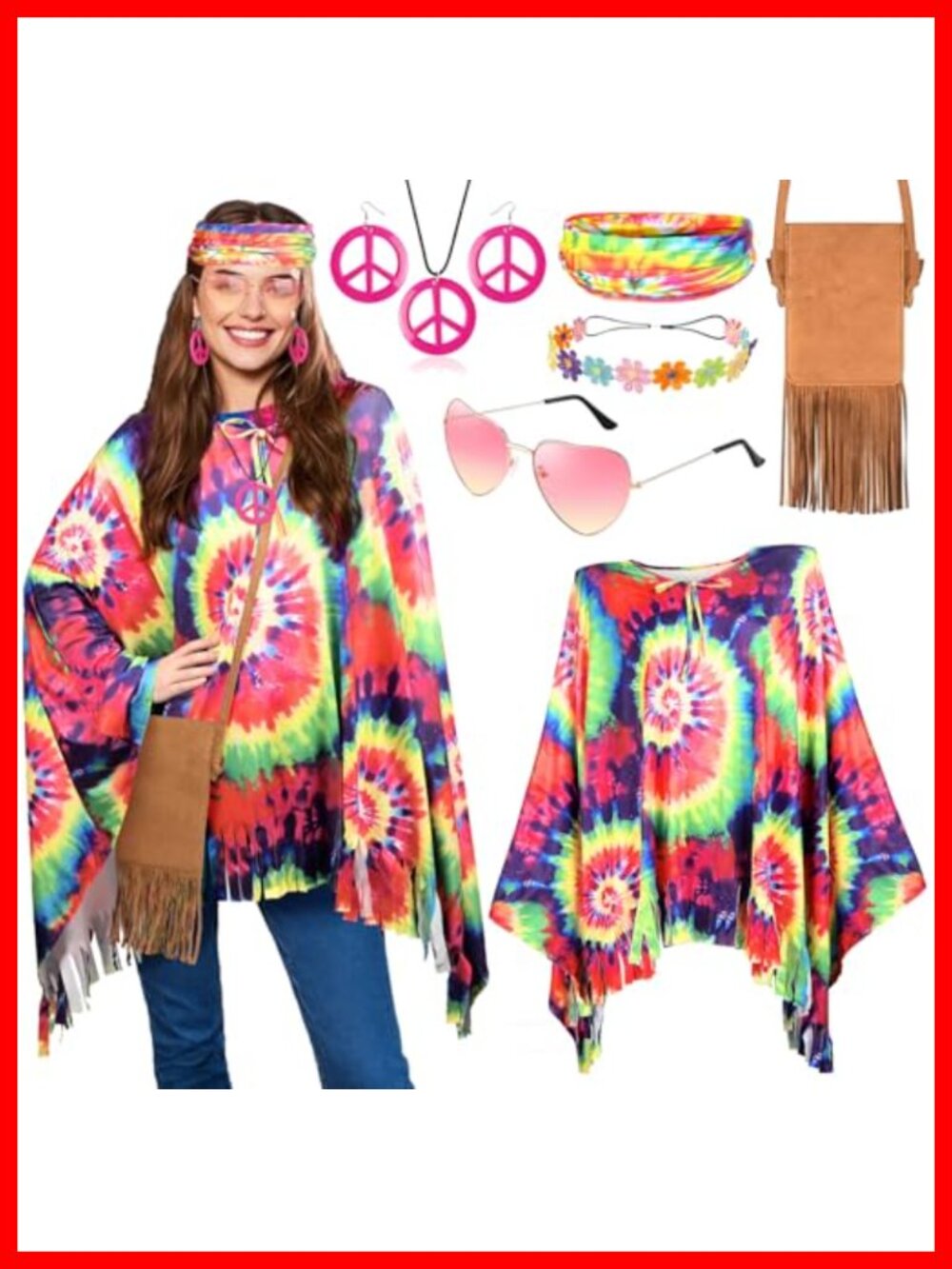 70s Hippie Costume Set Poncho Fringe Bag Headbands Peace Jewelry